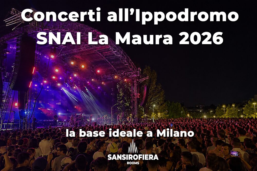 Atmosfera da grande evento all'Ippodromo SNAI La Maura: il venue degli I-Days 2026 a Milano, a 35 minuti da sansirofiera rooms coi mezzi pubblici. Concerto all'Ippodromo SNAI La Maura di Milano con palco illuminato e folla numerosa