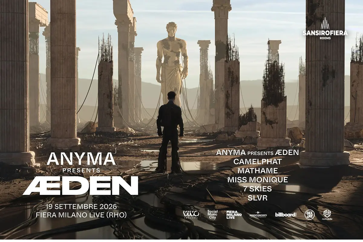 Locandina Anyma presents ÆDEN, concerto 19 settembre 2026 Fiera Milano Live Rho, con CamelPhat Mathame Miss Monique 7 Skies SLVR