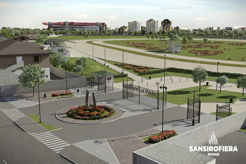 Ingresso Ippodromo La Maura San Siro Milano con Stadio San Siro sullo sfondo, vicino a sansirofiera rooms Rendering progetto riqualificazione Ippodromo La Maura San Siro Milano