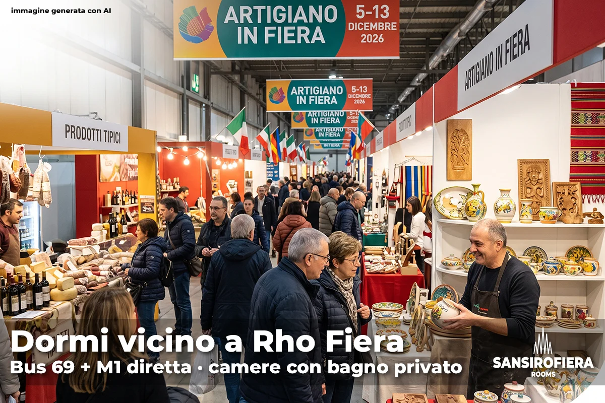 Corridoio di Artigiano in Fiera 2026 a Fiera Milano Rho con visitatori tra stand di prodotti tipici e ceramiche artigianali, immagine generata con AI per sansirofiera rooms