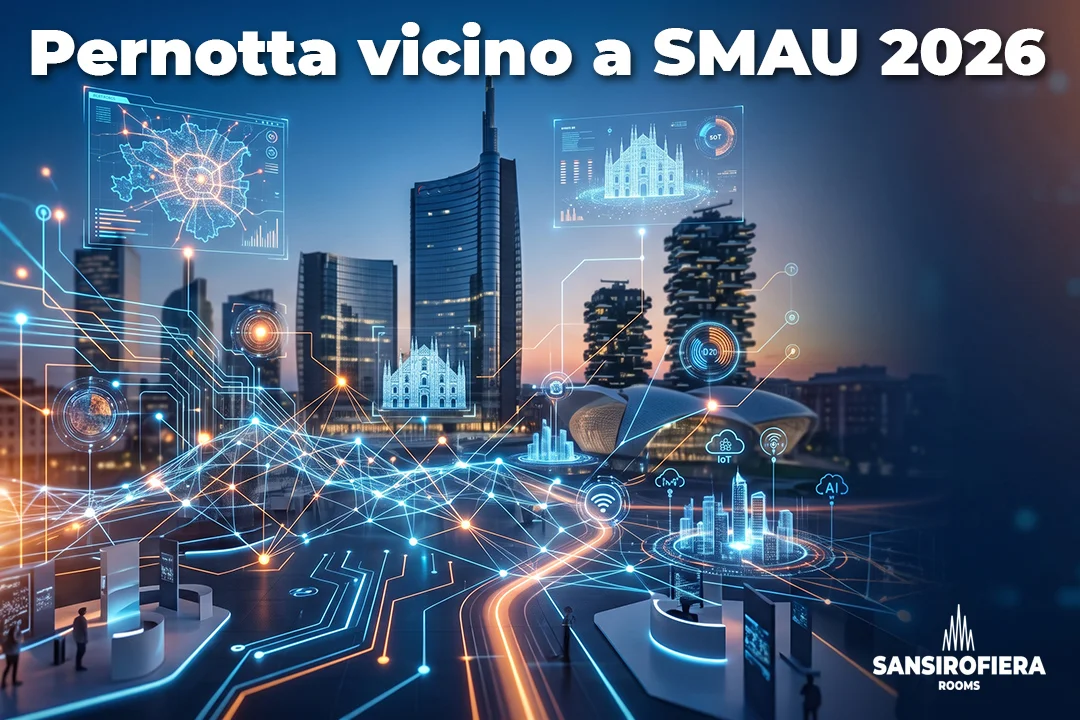 Pernotta vicino a SMAU 2026 – skyline di Milano al tramonto con grafiche digitali di innovazione e logo sansirofiera rooms